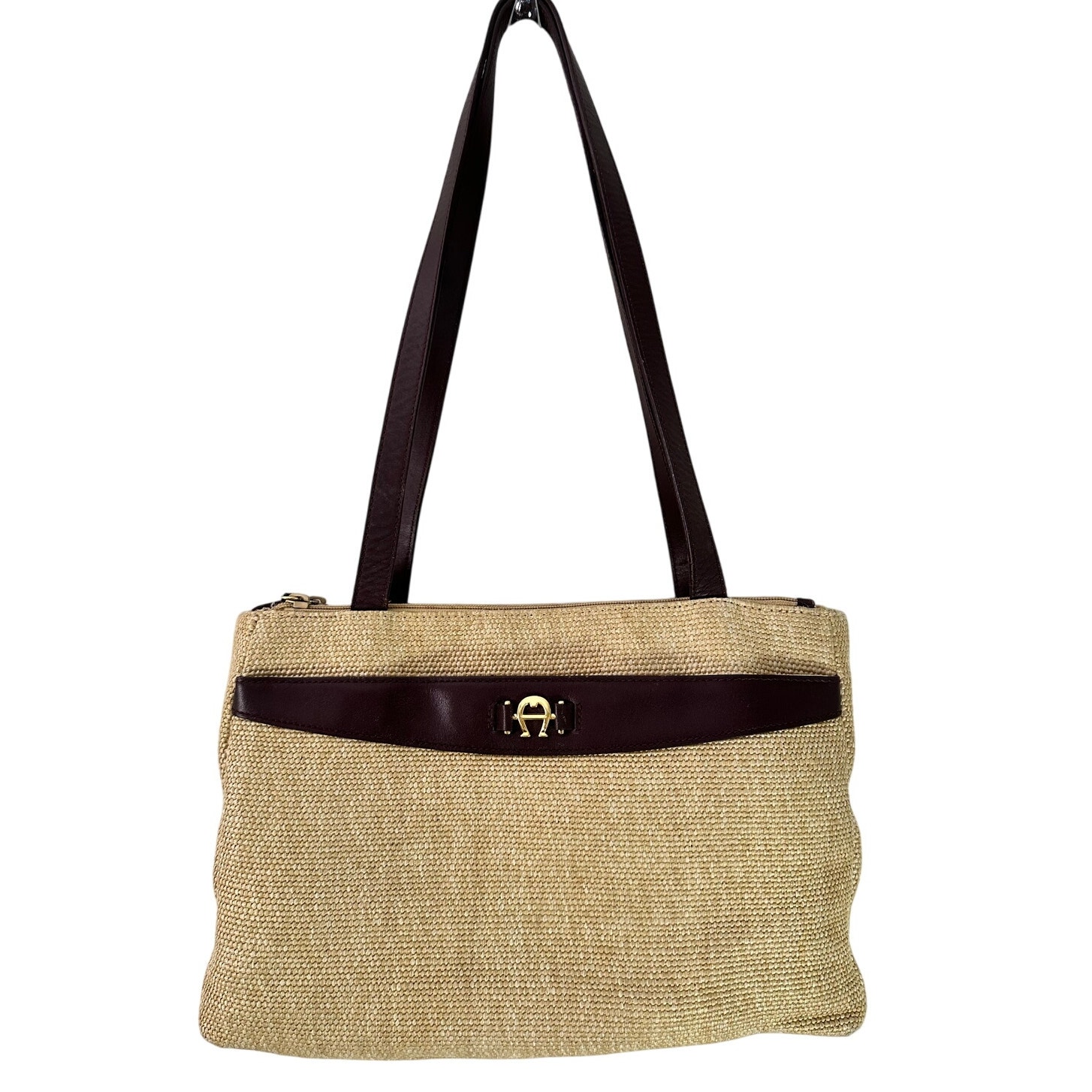 Vtg Ettienne Agnier Straw Shoulder Bag Purse Woven Jute Leather Cream Tan Brown